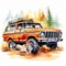 Watercolor Illustration Of Orange Ford Bronco In The Woods