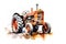 Watercolor illustration of orange tractor with vibrant paint splatters on white background