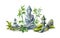 watercolor illustration of oriental landscape with buddha statue, bamboo and stone lanterns. Spiritual nature arrangement, zen