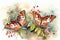 Watercolor illustration of a pair of butterflies on a branch with flowers. Generative AI