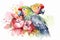 Watercolor illustration of pair of parrots surrounded by flowers and splashes of watercolor paint