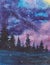 Watercolor illustration of a panoramic view of the winter, night, colorful sky, forest and starfall.