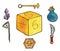 Watercolor illustration: Paraphernalia for role playing games. Dices, crystals, bottle with magic potion, staff, knife