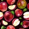 Watercolor illustration, pattern. Apples, slices, halves of apples and apple leaves. Dark brown background. Bright juicy pattern