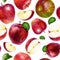 Watercolor illustration, pattern. Apples, slices, halves of apples and apple leaves. White background. Bright juicy pattern