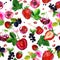Watercolor illustration, pattern. Berries on white background. Cherries, strawberries, currants, blackberries, gooseberries, pink