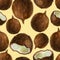 Watercolor illustration, pattern. Coconuts on a beige background