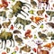 Watercolor illustration, pattern. Forest animals on a white background. Elk, wolf, fox, hare, squirrel, hedgehog, tit, bullfinch,