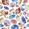 Watercolor illustration, pattern. Sea pattern, shells, sea stones, octopus. White background