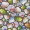 Watercolor illustration. Pattern of sea shells and sea stones on a brown background. Summer theme, beach and relaxation