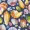 Watercolor illustration. Pattern of sea shells and sea stones on a gray background. Summer theme, beach and relaxation