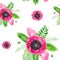 Watercolor illustration pattern seamless of red flowering poppies stem green leaves Floral set on white background