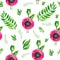 Watercolor illustration pattern seamless of red flowering poppies stem green leaves Floral set on white background