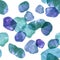 Watercolor illustration. Pattern of transparent stones of blue shades