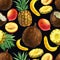 Watercolor illustration, pattern. Tropical fruits, pineapple, coconut, banana, mango on a black background