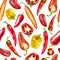 Watercolor illustration. Pattern of vegetables on a white background. Peppers of different types