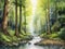 watercolor illustration of peaceful forest river