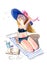 Watercolor illustration. Pensive sunburnt woman in a swimsuit