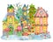 Watercolor illustration with people shinging Cristmas carols, beautiful houses, conifer and trees isolated on white
