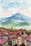 Watercolor illustration of a picturesque Tuscan village