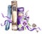 Watercolor illustration. A pile of old books with a bow, pansies, leaves and key. Antique objects. Spring collection in