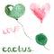 Watercolor illustration pink air balloon cactus love and hand lettering.