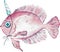 Watercolor illustration of pink fish with a horn on the head isolated on white background.