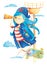 Watercolor illustration `Pirate girl` : let`s go on adventure