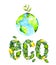 Watercolor illustration: planet earth on a white background with a green tender sprout and the inscription Eco of green juicy leav