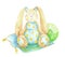 Watercolor illustration. Plush bunny among blue and green pillows