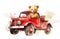 Watercolor illustration of a plush teddy bear driving an old red car