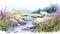 Watercolor Illustration Of A Polar Bear In A Snowy River With Purple Flowers