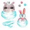 Watercolor illustration portrait of a Bunny Hippo nurse. Hand painted medicine animals doctor clipart