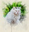 Watercolor illustration, Portrait of a dirty white colored stray cat with yellow eyes