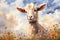 watercolor illustration portrait of a white farming goat in a field