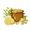 Watercolor illustration with a pot of honey, lemon, ginger root and lime flowers. on a white background