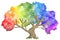 watercolor illustration of rainbow colored fantasy tree on white background