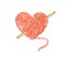 Watercolor illustration of a red ball of wool in the shape of a heart with a crochet in it