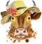Watercolor illustration of a red bull in summer hat with freesia