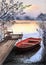 Watercolor illustration of a red fishing boat near a wooden jetty on a lake