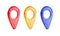 Watercolor illustration of red  yellow  blue location pin set for maps isolated. Travelling destination point  map marker  pointe