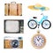 Watercolor illustration of retro vintage objects, old icons of hat, suitcase, tv, bicycle, photo camera, pocket clock, isolated