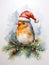 Watercolor illustration of robin bird wearing a christmas hat sitting in christmas tree