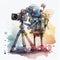 Watercolor Illustration of a Robot Photographer with Camera and Tripod for Creative Projects.