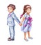 Watercolor illustration, romantic couple, cute kids, best friends, boy and girl holding hands, wedding card, children clip art