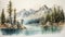 Watercolor Illustration Of Romanticized Wilderness With Lake And Mountains