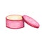 Watercolor illustration. A round pink box with an open lid.