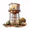 Watercolor Illustration of a Rusty Watertower Surrounded by Beautiful Blooming Vines AI Generated