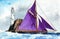 Watercolor illustration of a sailing ship with purple sails