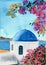 Watercolor illustration of a Santorini view with a white stucco church